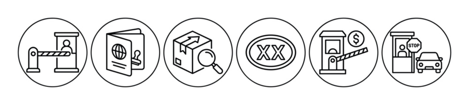 Collection of line icons representing various aspects of border control, customs inspection, and travel regulations.