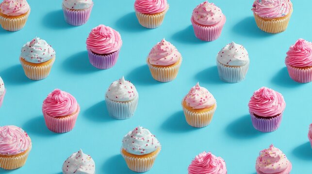 A pattern of pink and white cupcakes with sprinkles on a blue background.