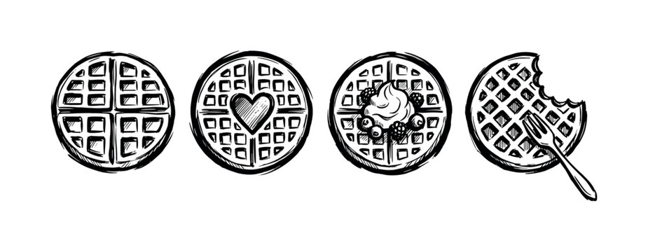 Hand-drawn sketch illustration of various round waffles, including plain, heart-shaped, berry-topped, and partially eaten designs.