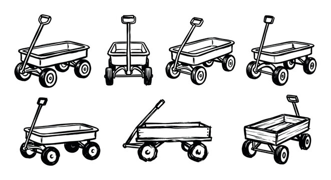 Hand-drawn sketch illustration set featuring multiple perspectives of a classic child's toy wagon with a pull handle.