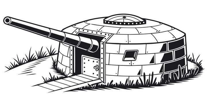 a stone bunker with a large gun protruding from it Vector