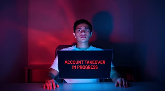 Shocked young man sees alarming 'Account Takeover in Progress' message displayed on his laptop screen.