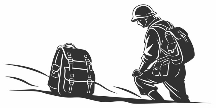 a soldier crouches next to a backpack Vector