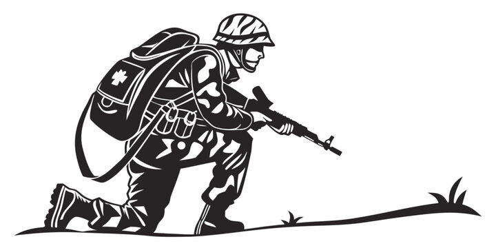 soldier in combat gear kneeling and aiming a rifle Vector