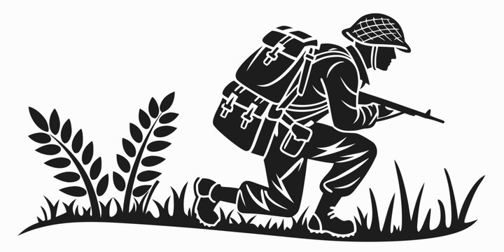 soldier kneeling in grass with rifle and backpack Vector