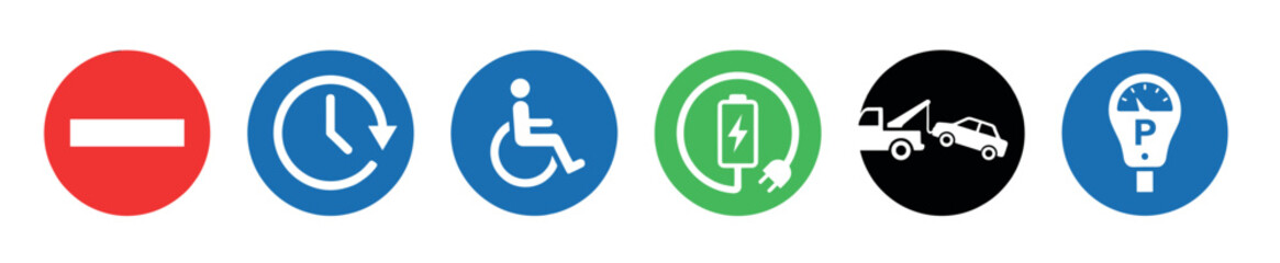 Obraz premium Collection of six colorful circular road and parking signs includes symbols for no entry, time limits, disabled access, electric charging, no towing, and paid parking.