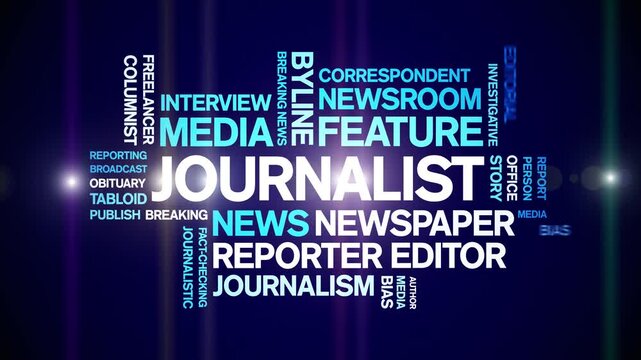 Journalist animated word cloud-text design animation tag kinetic typography seamless loop.