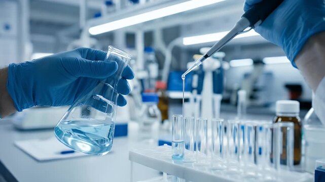 Laboratory scene showcasing a scientist in blue gloves conducting precise experiments, featuring gentle camera pans and ambient motion as liquids swirl in glassware, captured in a realistic style.