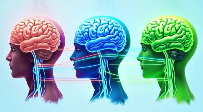A video showcasing three human heads with brains connected in harmony