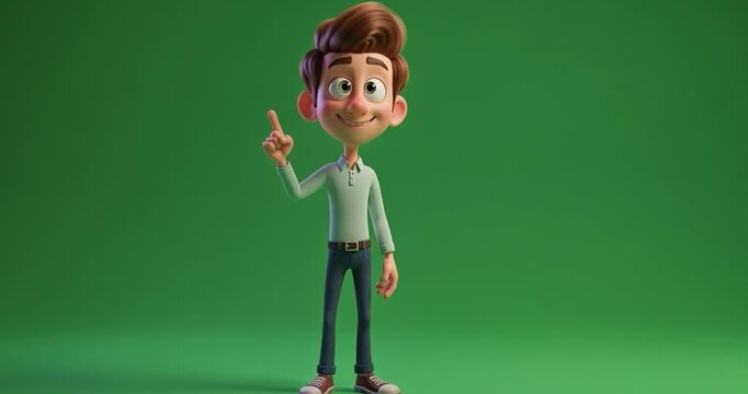 Animated cartoon character pointing upwards against green background