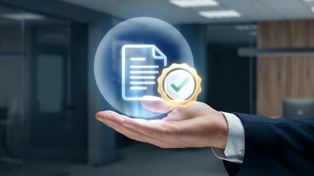 Showcase a professional hand presenting a glowing document and approval seal in a modern office, with a slow pan to highlight trust and certification in a realistic, corporate atmosphere.