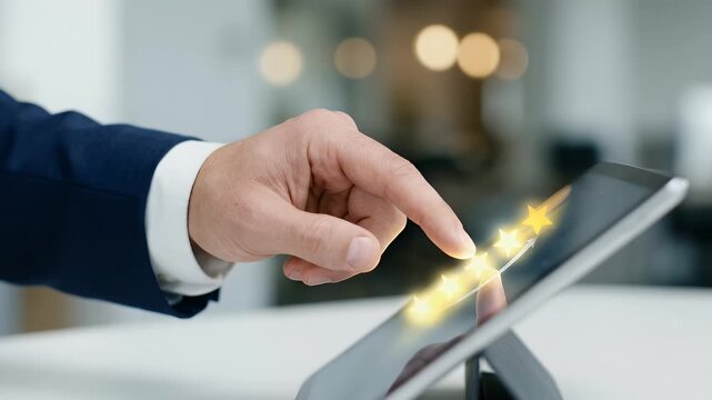 Showcase a professional hand tapping a tablet screen as golden stars animate to signify feedback, complemented by a slow camera pan, creating a cinematic atmosphere of user engagement and technology.