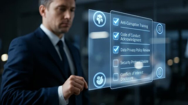 A business professional interacts with a holographic checklist while the camera slowly pans, creating a cinematic scene that emphasizes technology, compliance, and corporate training.