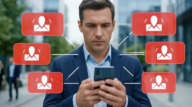 A focused businessman checks his smartphone as alert notifications pop up, captured with a slow pan through an urban setting, showcasing a cinematic blend of technology and modern life.