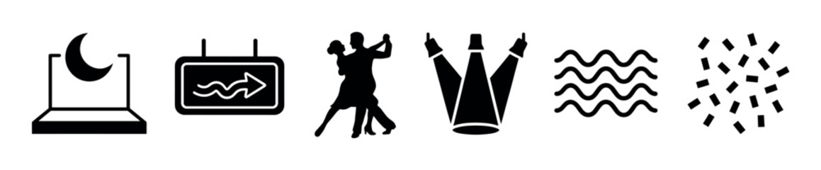 Obraz premium Set of black silhouette icons depicting night mode, directional flow, dancing, spotlights, wavy patterns, and celebratory confetti.