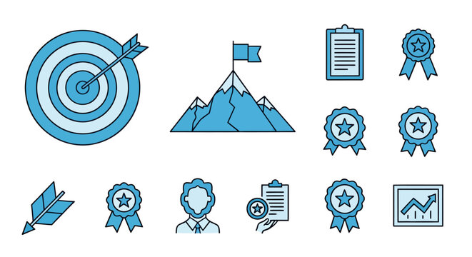 Set of blue achievement and award icons featuring target, mountains, ribbons, certificates and badges for design projects.