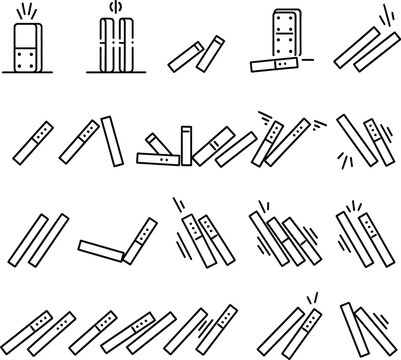 Domino effect line icon set. Chain reaction, cause and effect, sequence, and risk vector outline symbols. Visual representation of falling dominoes for business strategy and problem-solving.