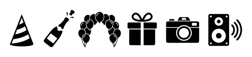 Fototapeta na wymiar Collection of black silhouette party and celebration icons including a striped party hat, popping champagne bottle, balloon arch, wrapped gift box, camera, and speaker.