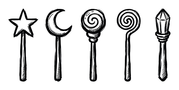 Set of hand-drawn magic wands featuring different designs like a star, moon, swirl, and crystal.
