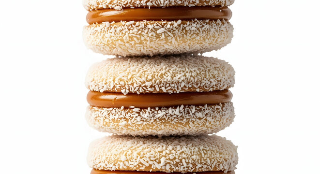 Stack of traditional Argentinian cornstarch alfajores with coconut and caramel isolated on white