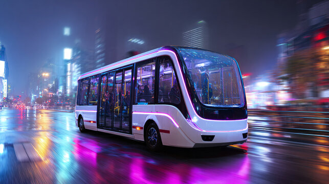 Futuristic autonomous bus driving through a smart city street with neon lights, motion blur, and unrecognizable passengers.