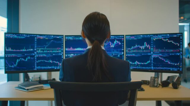 女性が複数画面で夜間の市場動向を注視する様子