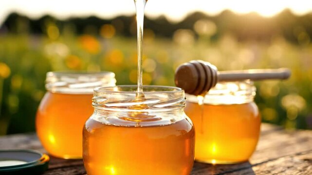 Wooden honey dipper dripping golden honey into jars in a field with bokeh background