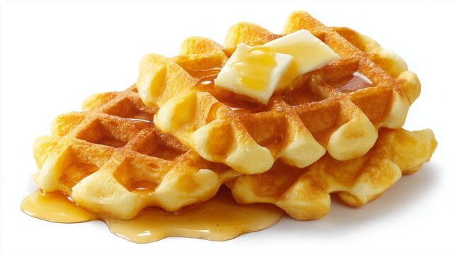 Golden waffles with melting butter and syrup, isolated on white