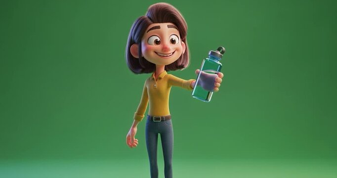 Animated female character holding bottle against green background