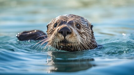 Fototapeta premium A Curious Sea Otter Surfaces with Wet Fur and Whiskers Above Calm Blue Waters