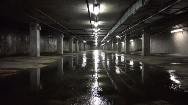 Stunning photo of dark underground parking garage with water puddles.