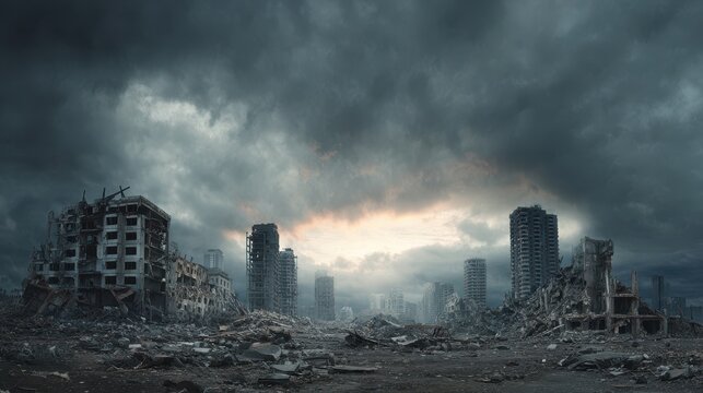 Stunning photo of desolate apocalypse end of the world sign, haunting copy space war disaster, eerie abandoned city ruin catastrophe, destroyed wasteland desolation, dark.