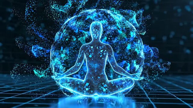 Black meditator seated in lotus inside glowing blue holographic globe, wireframe body and particle sphere forming immersive data sanctuary digital yogi performing mindful databreath practice