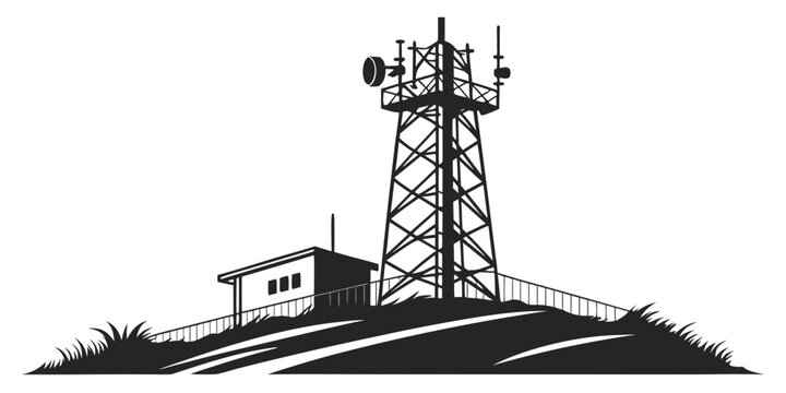 a tall cell tower on a hill with a small building Vector