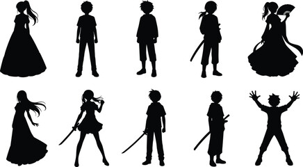 Anime characters silhouette set, manga style boy girl heroes, sword fighter poses collection, Japanese cartoon vector illustration