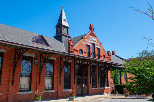 Woonsocket train station on Depot Square in Main Street Historic District in downtown Woonsocket, Rhode Island RI, USA. 