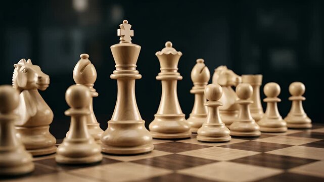 Capture the strategic elegance of a chess game with a slow tracking shot around intricately carved wooden pieces, showcasing subtle movements and cinematic lighting for a dramatic, engaging atmosphere