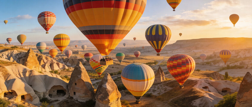 Wide aerial panorama of vibrant multi-colored balloons drifting above ancient volcanic chimneys and sculpted stone pillars at daybreak, with warm golden light spreading across a clear horizon.