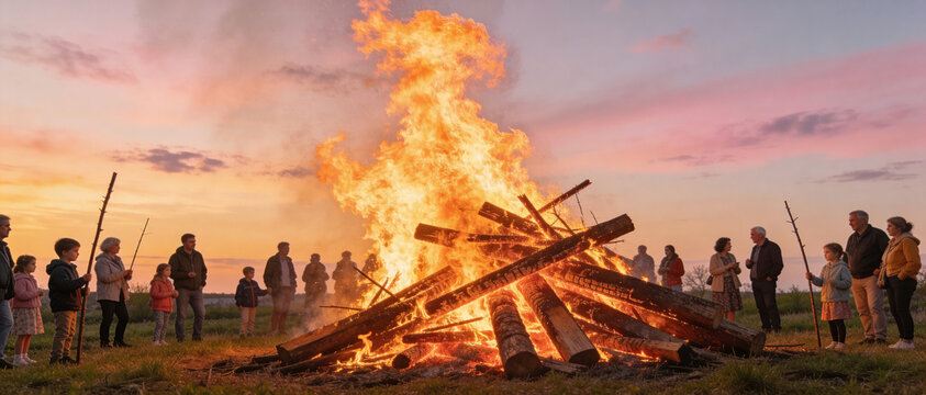 Panoramic shot of a massive traditional Easter bonfire burning brightly at dusk with a group of people and families gathered around the flames in a rural field under a colorful sunset sky.