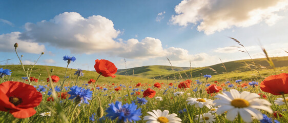 Naklejka premium Stunning panoramic view of a lush spring wildflower meadow featuring red poppies, blue cornflowers, and white daisies blooming under a bright blue sky with soft clouds and rolling green hills.