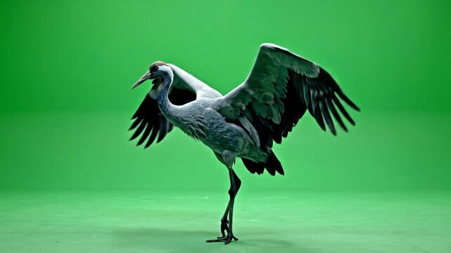 A majestic grey crane bird stands on one leg with its large wings gracefully spread against a vibrant green screen background.