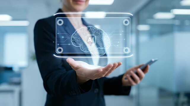 Dynamic corporate scene featuring a business professional interacting with a holographic AI brain, complemented by a slow zoom and gentle ambient lighting, in a modern, cinematic style.
