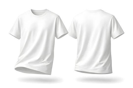 3D mock up of front and back view of a blank white T shirt with an isolated white background