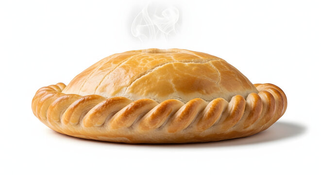 Traditional Argentinian beef empanada with handmade braided edge isolated on white background