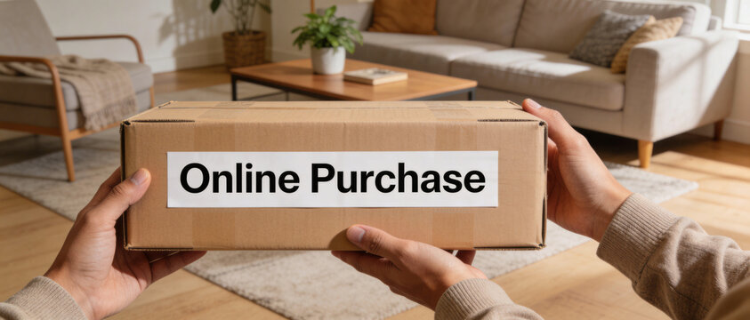 Hands Holding a Cardboard Box with Online Purchase Label in a Bright Modern Living Room, Concept of E-commerce Delivery, Home Shopping, and Receiving Goods Ordered Online at Home.