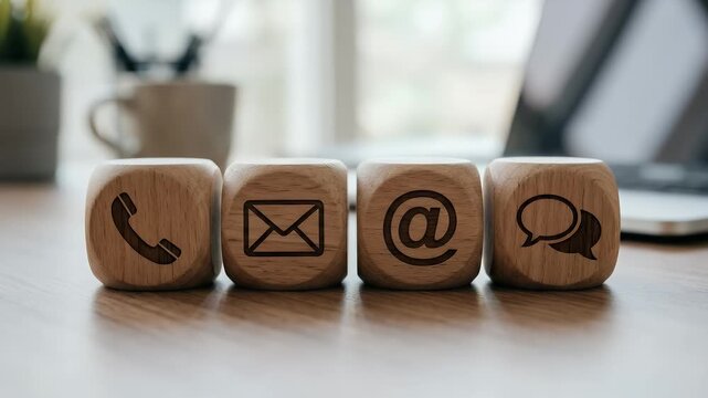 Explore a cinematic close-up of wooden communication icons gently swaying on a desk, with a slow pan capturing ambient office scene motion, ideal for showcasing contact methods in a professional setti