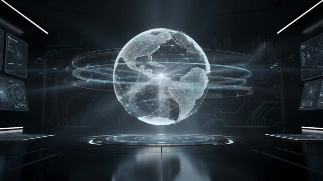 Futuristic holographic globe with spinning interconnected data points in a high tech digital environment