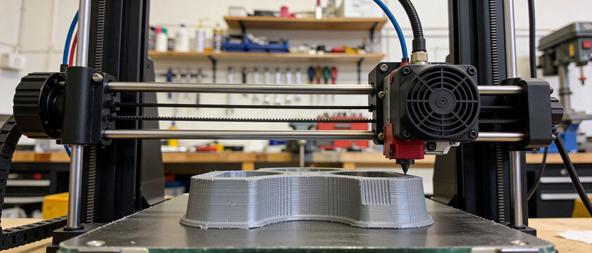 Close-up of a 3D printer nozzle extruding grey plastic filament to create a complex prototype in a professional workshop environment with tools and equipment visible in the blurred background.
