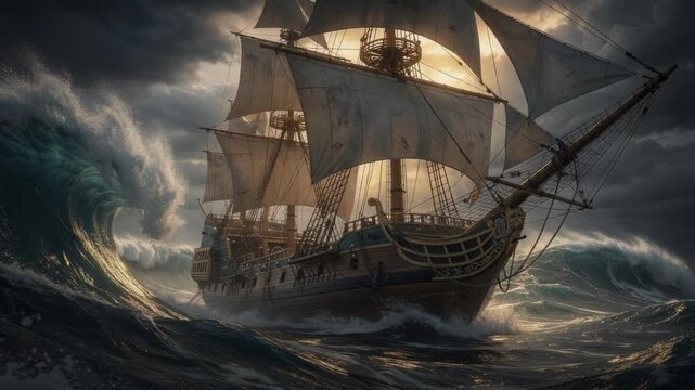 Majestic ship sailing through towering ocean waves under a dramatic vibrant sky at sea