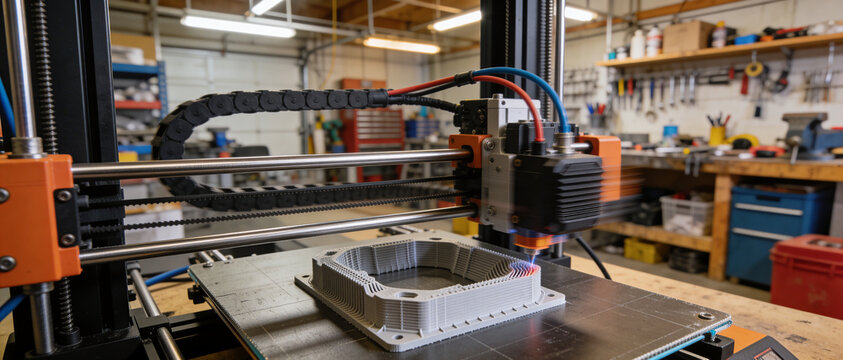 Photorealistic wide shot of a high-tech 3D printer in a professional workshop creating a complex grey plastic component with precision, featuring motion blur on the extruder head and tools.